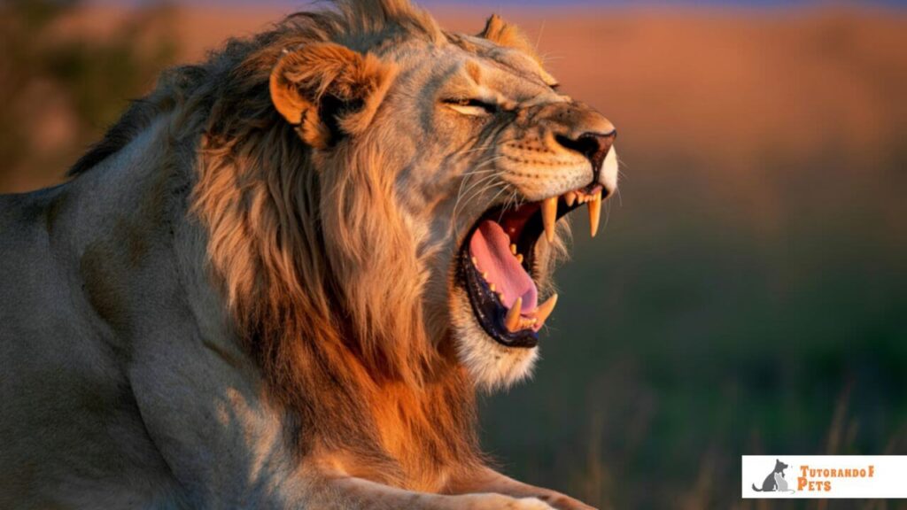 Close-up do rosto de um leão rugindo com a boca bem aberta e dentes à mostra.