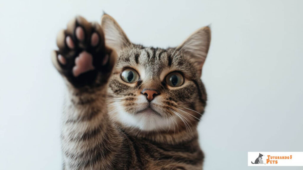 Gato doméstico estendendo a pata em destaque, exibindo as almofadinhas que servem como ferramentas sensoriais