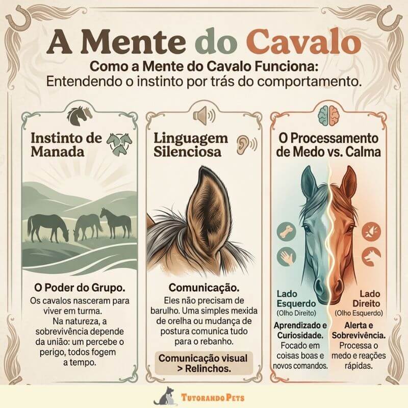 Infográfico intitulado "A Mente do Cavalo" dividido em três colunas. A primeira fala sobre o "Instinto de Manada" e a importância da união para sobrevivência. A segunda, "Linguagem Silenciosa", destaca a orelha de um cavalo explicando que a comunicação visual supera os relinchos. A terceira, "Processamento de Medo vs. Calma", mostra a face de um cavalo dividida: o lado esquerdo (cérebro azul) foca em aprendizado e o lado direito (cérebro laranja) processa o medo.