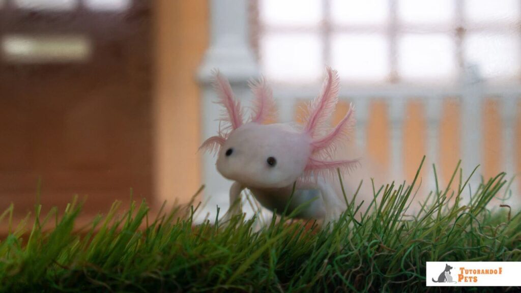 Axolote jovem posicionado sobre uma superfície que lembra grama aquática, em um ambiente de aquário decorado. A imagem ilustra o comportamento de busca por alimento deste carnívoro de fundo.