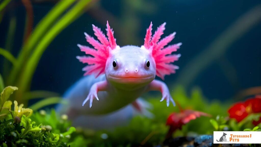 Close centralizado de um axolote rosado submerso, evidenciando a anatomia das guelras externas ramificadas e plumosas. O fundo azulado e as plantas aquáticas borradas criam um contraste que ressalta a característica neotênica da espécie.