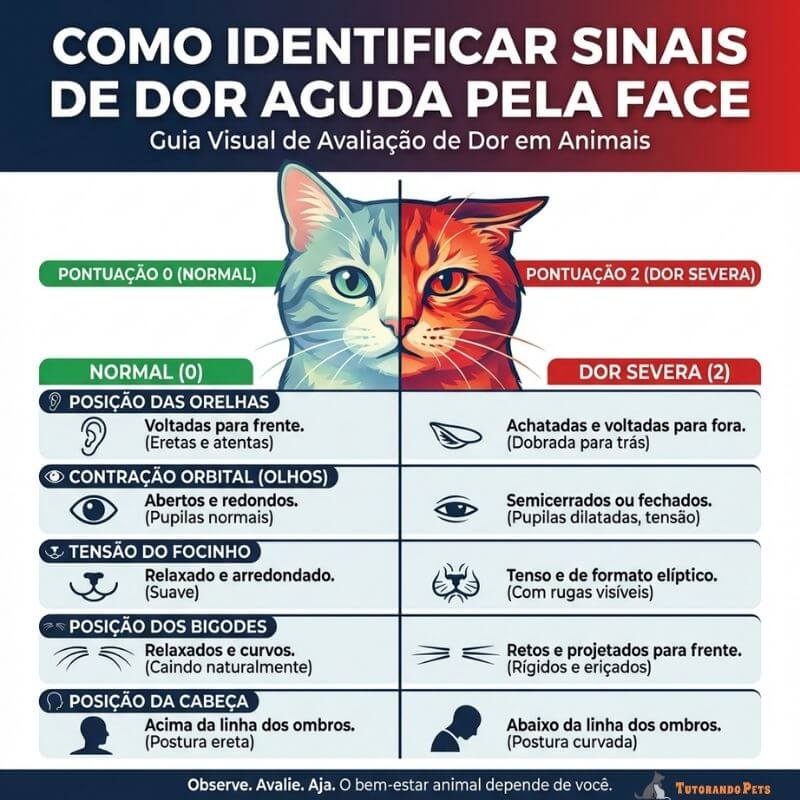 Linguagem corporal dos gatos: Infográfico educativo intitulado "Como Identificar Sinais de Dor Aguda pela Face - Guia Visual de Avaliação de Dor em Animais". A imagem apresenta a ilustração do rosto de um gato dividido ao meio: o lado esquerdo em tons de azul representa a "Pontuação 0 (Normal)", e o lado direito em tons de vermelho representa a "Pontuação 2 (Dor Severa)". Abaixo, uma tabela comparativa detalha cinco indicadores:
