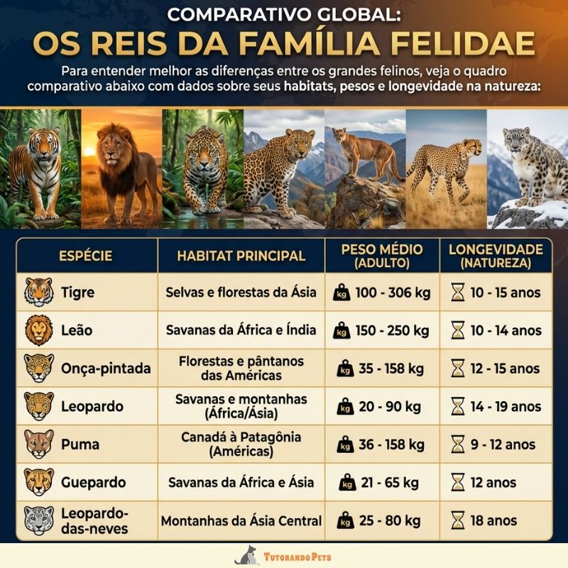 Infográfico colorido intitulado "Comparativo Global: Os Reis da Família Felidae". Na parte superior, sete fotos horizontais mostram diferentes felinos em seus habitats naturais: Tigre, Leão, Onça-pintada, Leopardo, Puma, Guepardo e Leopardo-das-neves. Abaixo, uma tabela detalhada compara essas sete espécies através de quatro colunas: Espécie (com ícones de rostos de felinos), Habitat Principal, Peso Médio (Adulto) e Longevidade na Natureza. O infográfico apresenta um design limpo com fundo azul escuro no topo e bege na tabela, incluindo o logotipo "Tutorando Pets" centralizado no rodapé.