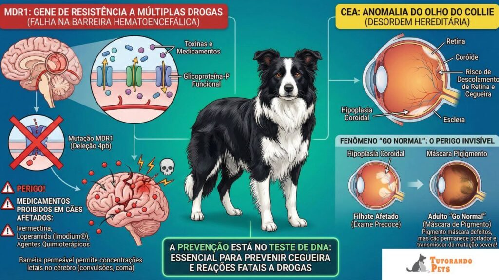 Infográfico científico detalhado sobre a saúde genética do Border Collie. No centro, um cão da raça preto e branco em pé. O painel esquerdo, com tema vermelho, intitula-se 'MDR1: GENE DE RESISTÊNCIA A MÚLTIPLAS DROGAS' e ilustra uma falha na barreira hematoencefálica, mostrando toxinas entrando no cérebro e listando medicamentos proibidos como Ivermectina e Loperamida. O painel direito, com tema amarelo, intitula-se 'CEA: ANOMALIA DO OLHO DO COLLIE' e mostra diagramas do olho canino com riscos de cegueira, além de explicar o fenômeno 'Go Normal' onde o pigmento mascara defeitos em adultos. Uma faixa verde inferior destaca: 'A PREVENÇÃO ESTÁ NO TESTE DE DNA'. O logotipo Tutorando Pets está no canto inferior direito.