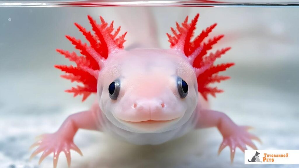 Foto macro frontal de um axolote exibindo guelras vermelhas vibrantes e olhos negros. A imagem foca na clareza da água e na ausência de substratos perigosos, representando o ambiente ideal e resfriado para a espécie.
