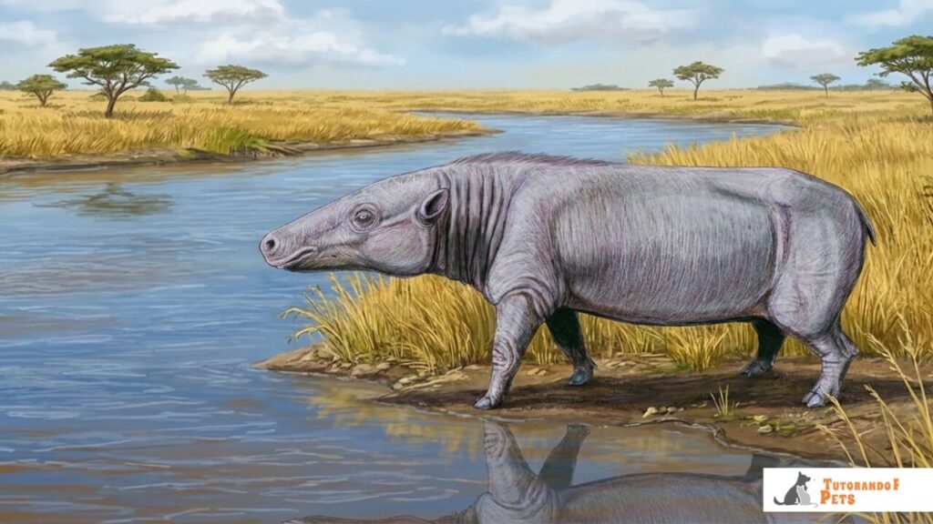 Ilustração de Anthracotherium, um mamífero extinto aparentado com hipopótamos e baleias.