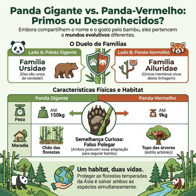 Infográfico comparativo intitulado "Panda Gigante vs. Panda-Vermelho: Primos ou Desconhecidos?". O design usa tons de verde para o Panda Gigante e laranja para o Panda-Vermelho, detalhando que, embora compartilhem o nome e o gosto por bambu, pertencem a famílias biológicas diferentes: Ursidae (ursos) e Ailuridae.