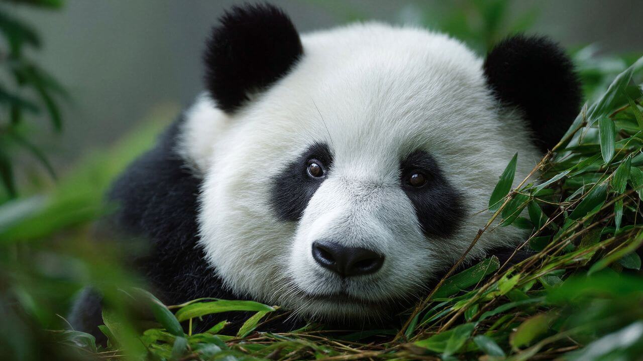 Imagem em estilo cinematográfico de um panda gigante descansando entre folhagens densas de bambu. O foco está nos olhos expressivos do panda, criando uma atmosfera serena na floresta.