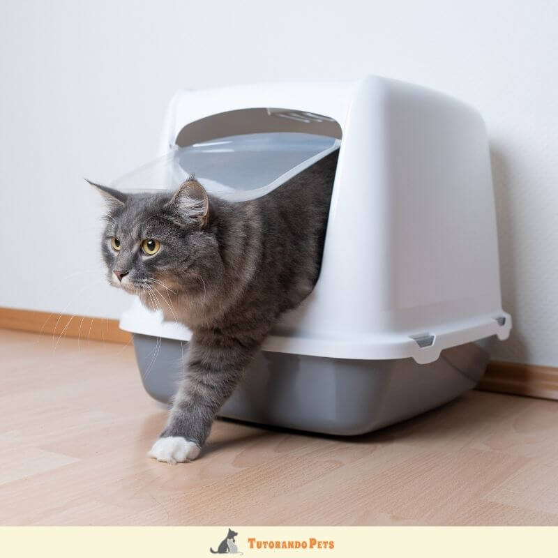 Fotografia de um gato com pelagem escama de tartaruga saindo de uma caixa de areia fechada de cor azul vibrante, posicionada em um nicho doméstico sob uma prateleira branca.