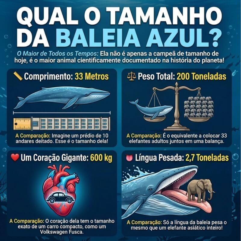 Infográfico ilustrado com fundo azul escuro intitulado "Qual o tamanho da baleia azul?". O painel traz quatro seções comparativas: "Comprimento: 33 metros", mostrando uma baleia sobre um prédio de 10 andares deitado; "Peso Total: 200 toneladas", exibindo uma balança equilibrando uma baleia e 33 elefantes; "Um coração gigante: 600 kg", ilustrando um coração vermelho com um Volkswagen Fusca azul na frente; e "Língua pesada: 2,7 toneladas", mostrando um elefante em pé sobre a língua de uma baleia com a boca aberta.