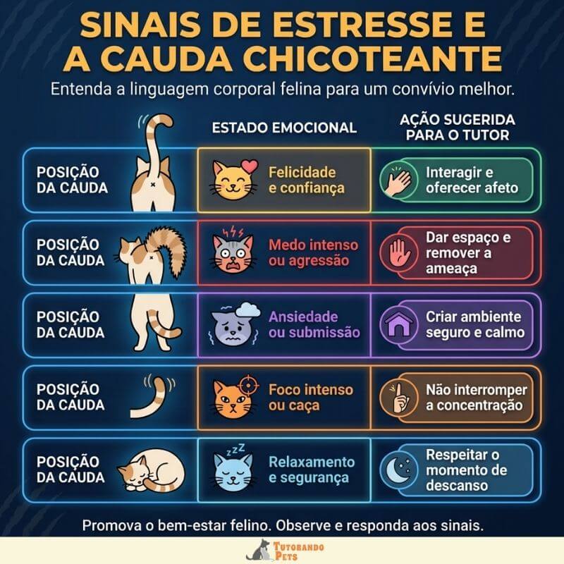 Infográfico educativo intitulado "Sinais de Estresse e a Cauda Chicoteante - Entenda a linguagem corporal felina para um convívio melhor". A imagem apresenta uma tabela com cinco linhas comparando a posição da cauda, o estado emocional e a ação sugerida para o tutor: Cauda ereta com ponta curva: Indica felicidade e confiança; ação sugerida: interagir e oferecer afeto. Cauda eriçada (eriçada para cima): Indica medo intenso ou agressão; ação sugerida: dar espaço e remover a ameaça. Cauda entre as pernas: Indica ansiedade ou submissão; ação sugerida: criar um ambiente seguro e calmo. Cauda balançando rápido (chicoteante): Indica foco intenso ou caça; ação sugerida: não interromper a concentração. Gato deitado com cauda relaxada: Indica relaxamento e segurança; ação sugerida: respeitar o momento de descanso. No rodapé, a frase: "Promova o bem-estar felino. Observe e responda aos sinais".