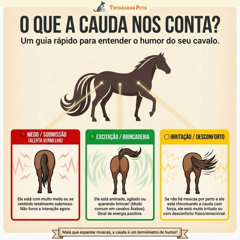 Infográfico educativo intitulado "O que a cauda nos conta?" Na linguagem corporal de cavalos é fundamental. No topo, o desenho da silhueta de um cavalo destaca a cauda. Abaixo, três painéis explicam o humor: 1. Medo/Submissão (cauda encolhida entre as pernas); 2. Excitação/Brincadeira (cauda erguida e curvada); 3. Irritação/Desconforto (cauda chicoteando com força). O rodapé diz que a cauda é um termômetro de humor.
