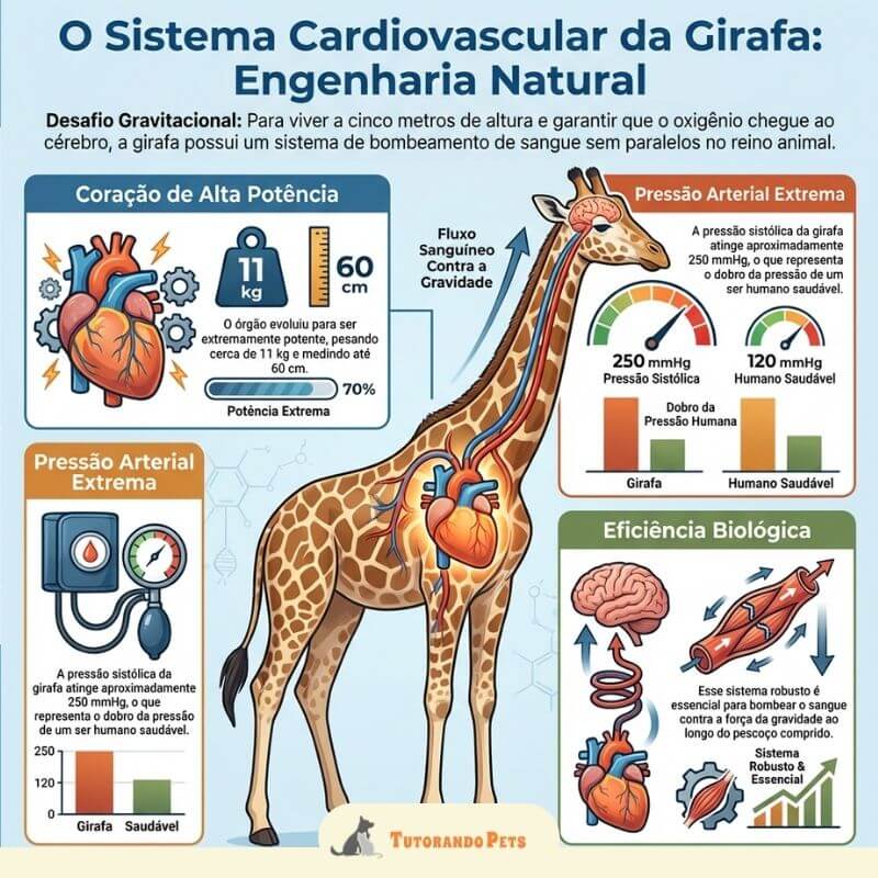 Girafas Curiosidades: Infográfico "O Sistema Cardiovascular da Girafa: Engenharia Natural". Apresenta a ilustração de uma girafa com destaque para o coração e o fluxo sanguíneo. Inclui gráficos comparando sua pressão arterial (250 mmHg) com a de um humano.