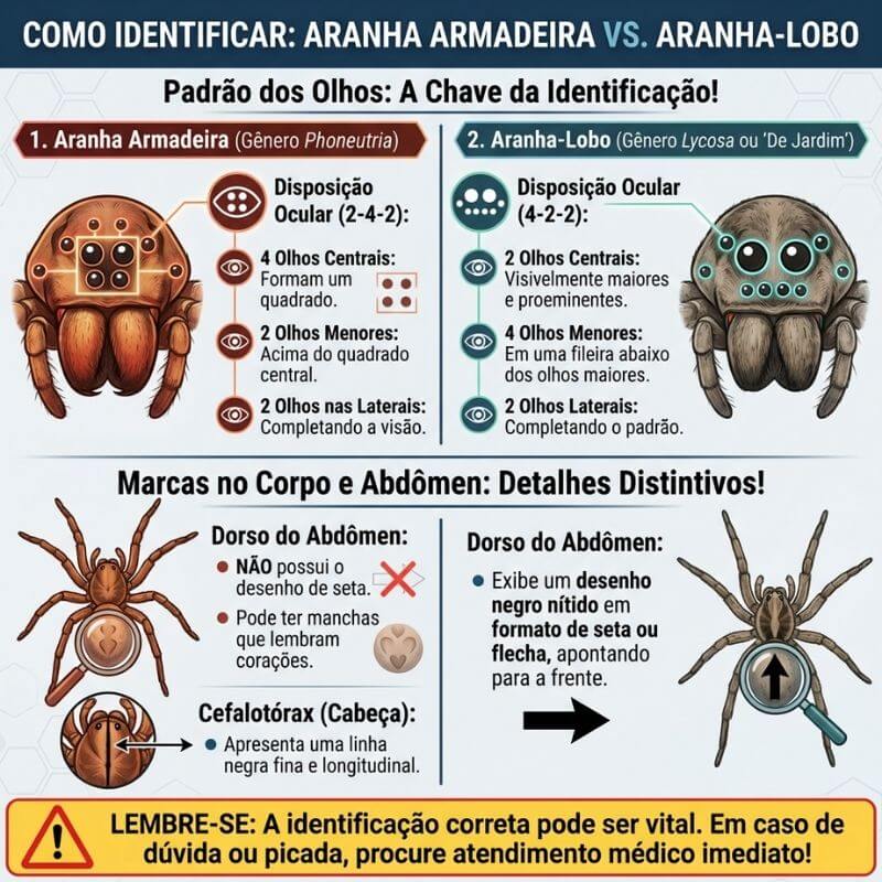 Infográfico educativo intitulado 'Como Identificar: Aranha Armadeira vs. Aranha-Lobo'. A imagem compara as duas espécies em duas categorias principais. 1. Padrão dos Olhos: A Armadeira possui disposição 2-4-2 (quatro olhos centrais em quadrado), enquanto a Aranha-Lobo tem disposição 4-2-2 (dois olhos centrais muito maiores). 2. Marcas no Corpo: A Aranha-Lobo exibe um desenho de seta negra no abdômen, enquanto a Armadeira possui uma linha negra fina no cefalotórax e manchas que lembram corações no abdômen. O rodapé contém um alerta de segurança para procurar atendimento médico imediato em caso de picada