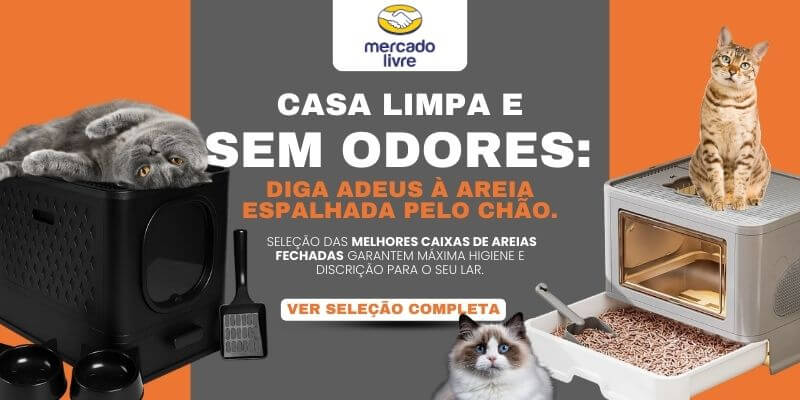 Banner promocional do Mercado Livre com o título "Casa limpa e sem odores: Diga adeus à areia espalhada pelo chão". Apresenta diferentes modelos de caixas de areia fechadas (estilo gaveta e com entrada frontal) e vários gatos interagindo com os produtos em um fundo laranja e cinza.
