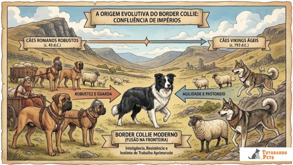 Um infográfico detalhado mostrando a árvore genealógica da raça, com setas conectando cães romanos robustos e cães vikings ágeis ao Border Collie moderno em uma paisagem montanhosa.