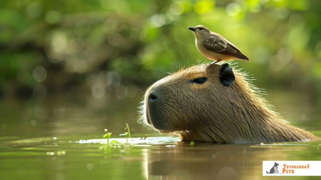 Capivara relaxada dentro da água com um pássaro pousado sobre sua cabeça, ilustrando a relação de mutualismo e limpeza de parasitas.