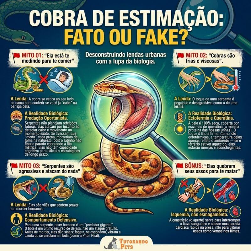 Infográfico educativo do blog Tutorando Pets intitulado "Cobra de Estimação: Fato ou Fake?". A imagem apresenta quatro seções desconstruindo mitos populares com base na biologia: 1) Desmente que cobras medem o dono para comer, explicando a predação oportunista. 2) Esclarece que cobras não são viscosas, possuem pele seca de queratina e são ectotérmicas. 3) Explica que o comportamento das serpentes é defensivo, não agressivo por natureza. 4) Bônus sobre constrição, informando que o processo causa isquemia e não a quebra de ossos. Ao centro, há uma ilustração de uma serpente sob uma lupa.