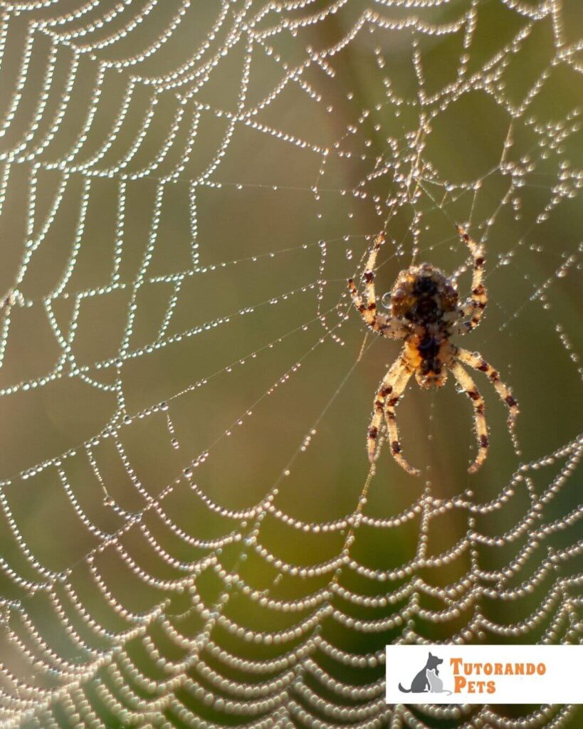 Macro fotografia de uma teia de aranha com gotas de orvalho, destacando a complexidade geométrica das fibras.