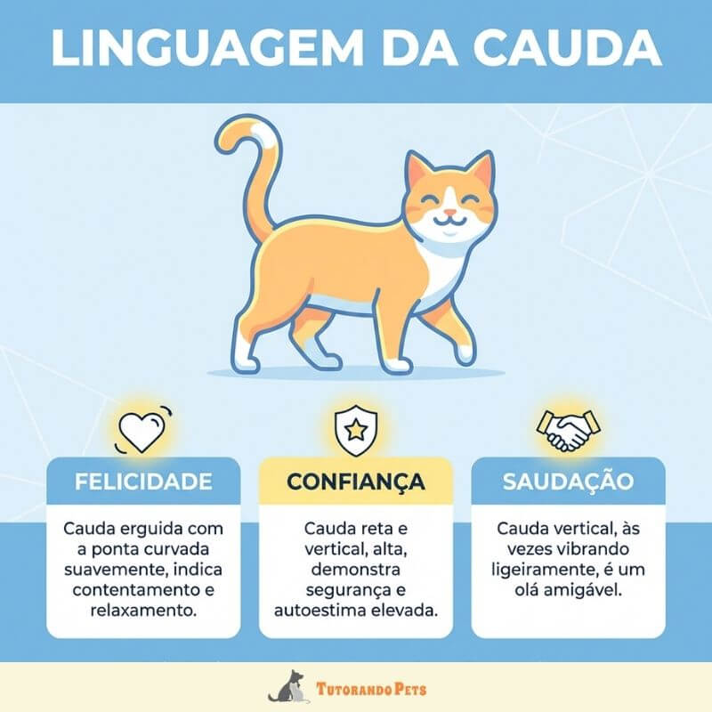 Infográfico colorido sobre a linguagem corporal de gatos. No centro, uma ilustração de um gato com a cauda erguida verticalmente e a ponta curvada em formato de ponto de interrogação. Ao redor, ícones e tópicos explicam que este gesto significa uma saudação positiva, confiança e felicidade do pet. No rodapé, o logotipo "Tutorando Pets".