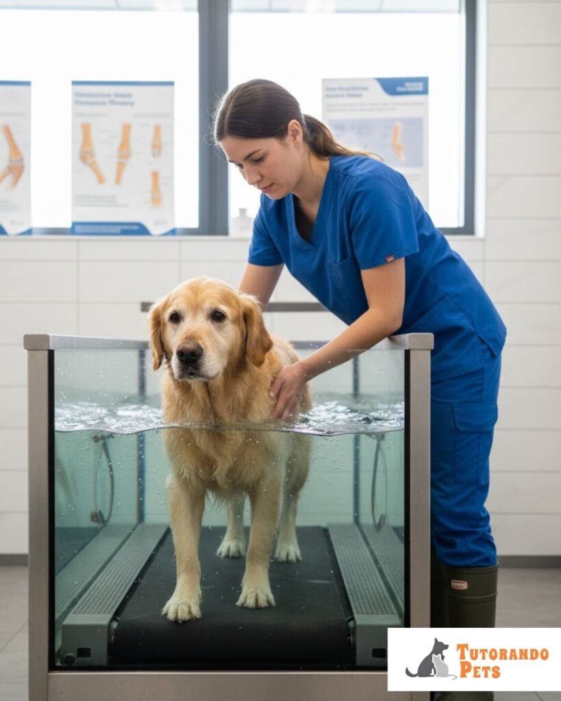 Foto de um cão sênior realizando uma sessão de hidroterapia em esteira aquática, acompanhado por um fisioterapeuta veterinário, com foco na postura e no baixo impacto nas articulações.