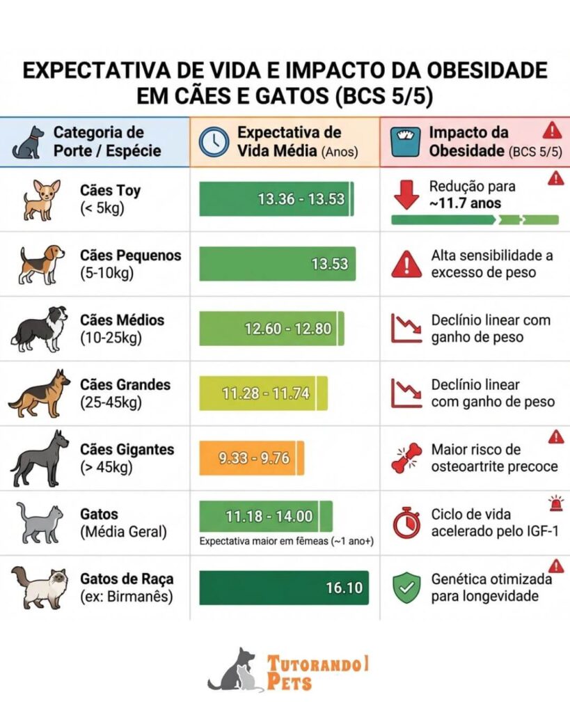 Um infográfico comparativo de alta resolução mostrando a silhueta de diferentes portes de cães e gatos, com uma linha do tempo destacando os marcos do envelhecimento biológico e a conversão para anos humanos baseada em biomarcadores de 2025.