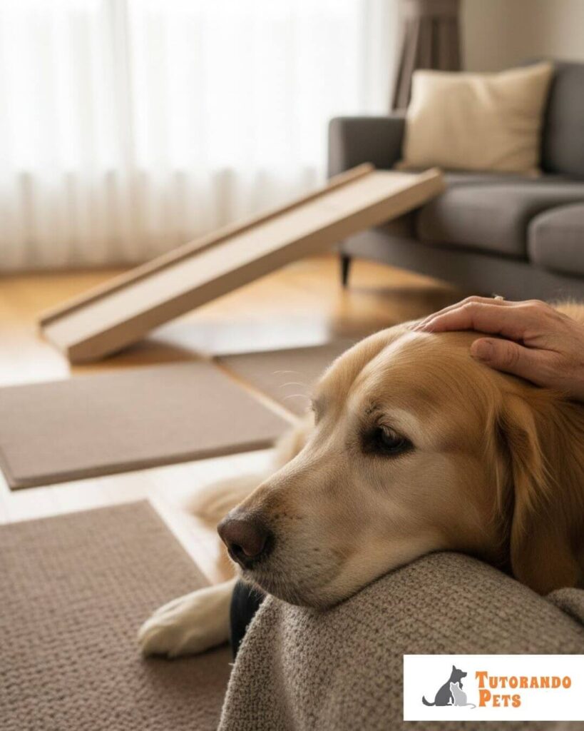 Uma imagem suave e emocionante de um cão idoso descansando a cabeça no colo de seu tutor em um ambiente doméstico adaptado (com tapetes antiderrapantes e rampas ao fundo, representando Geriatria pet), simbolizando o vínculo e o cuidado na fase final da vida.