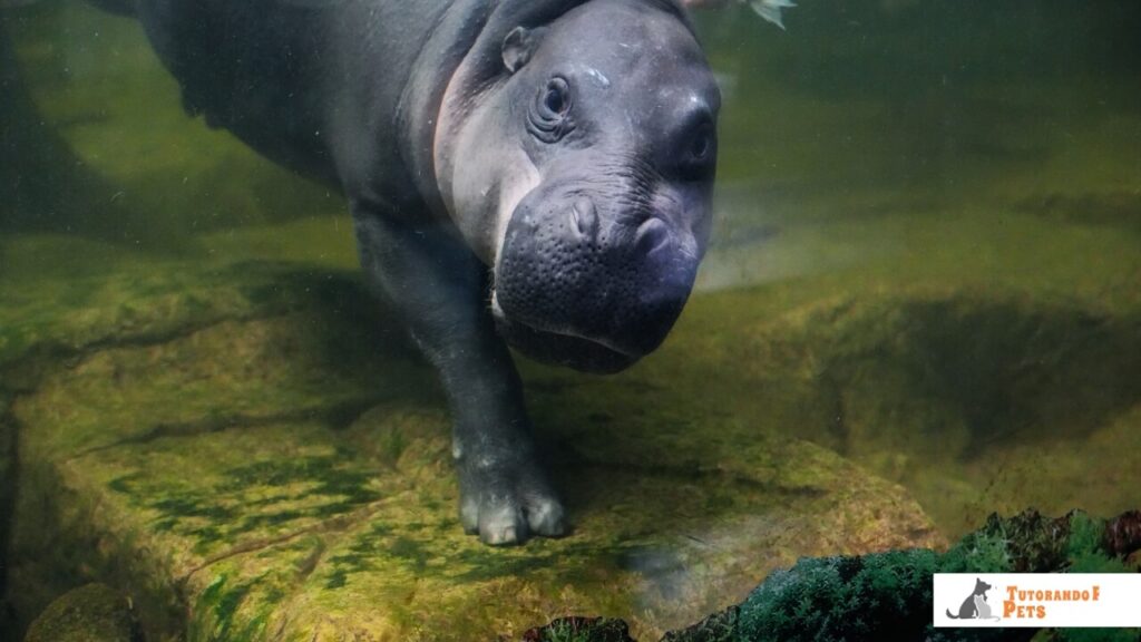Fotografia subaquática de um hipopótamo em movimento, mostrando os quatro pés fora do chão no momento do "galope lunar" subaquático, com bolhas de ar subindo das narinas seladas.