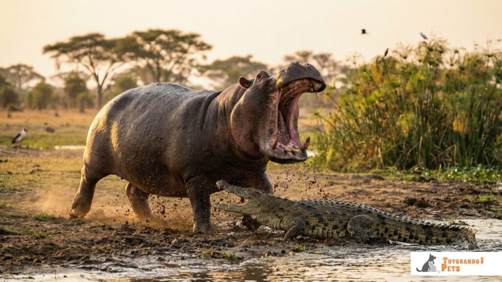 Fotografia de um confronto direto entre um hipopótamo macho e um crocodilo-do-nilo na margem de um rio enlameado, com o hipopótamo projetando sua mandíbula sobre o réptil.