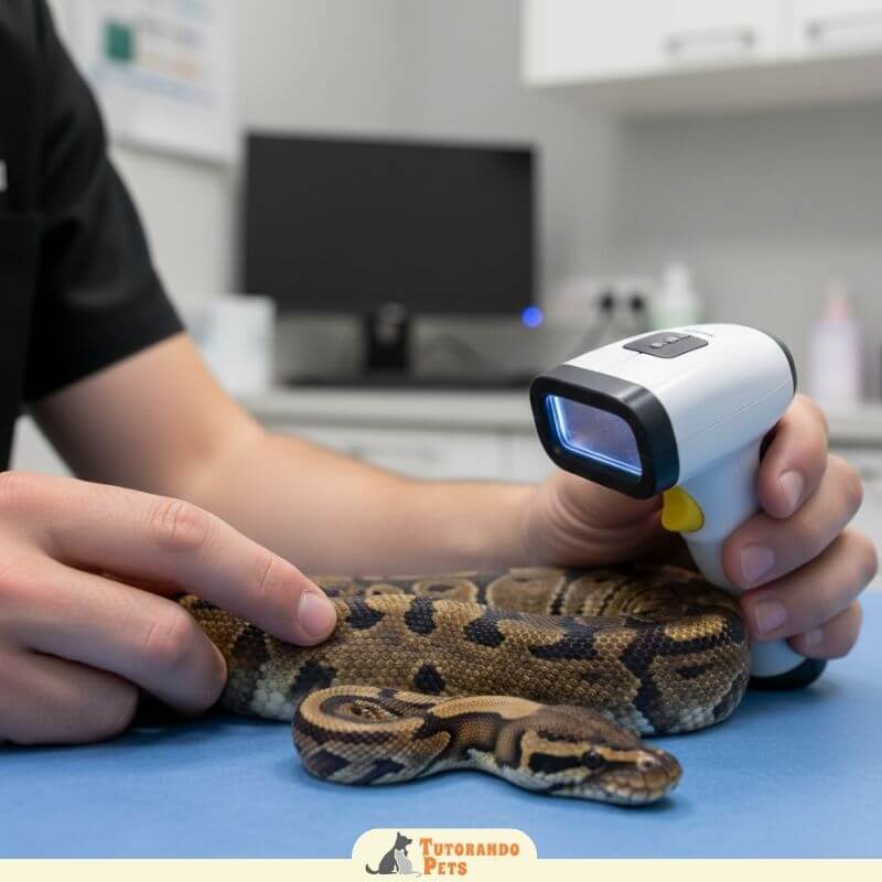 Foto de um veterinário ou técnico apontando um leitor de microchip próximo a uma pequena serpente.
