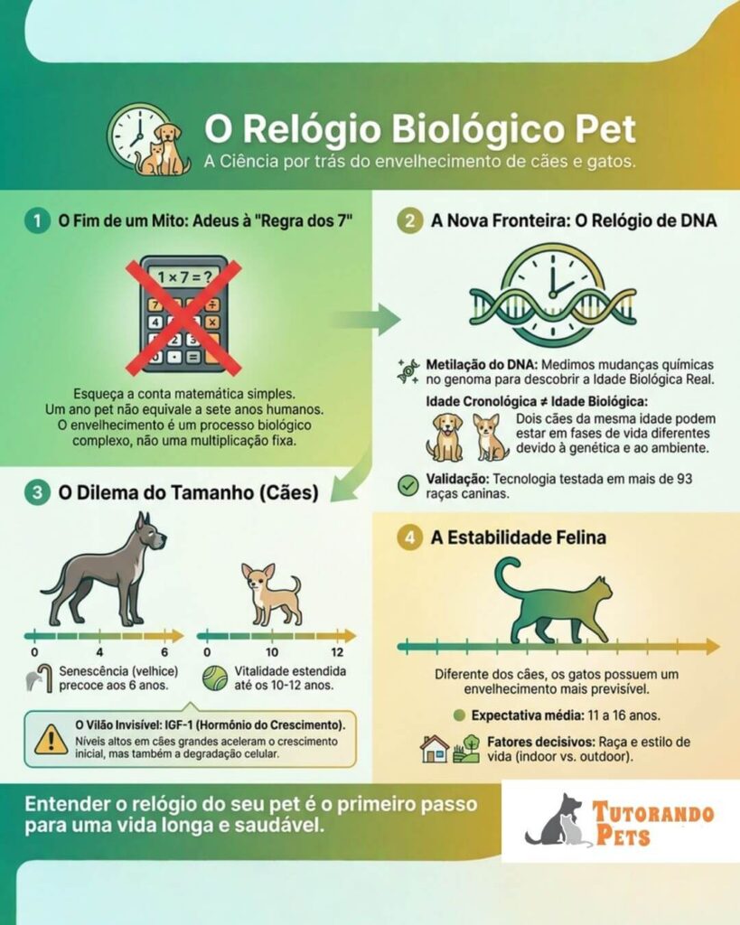 Infográfico com fundo verde e creme intitulado "O Relógio Biológico Pet: A Ciência por trás do envelhecimento de cães e gatos". O design é dividido em quatro quadrantes numerados: 1) Uma calculadora riscada ilustrando o fim do mito da regra dos 7 anos. 2) Um ícone de DNA e relógio explicando a metilação para descobrir a idade biológica. 3) Comparativo de silhuetas de cães: um cão grande (senescência aos 6 anos) e um pequeno (vitalidade até os 12 anos), mencionando o hormônio IGF-1. 4) Silhueta de um gato indicando envelhecimento estável entre 11 e 16 anos. No rodapé, a frase "Entender o relógio do seu pet é o primeiro passo para uma vida longa e saudável" e o logo "Tutorando Pets".