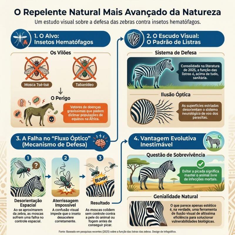 Por que as zebras tem listras? Esta imagem é um infográfico educativo intitulado "O Repelente Natural Mais Avançado da Natureza", que detalha como as listras das zebras servem como defesa contra insetos. O design é organizado em quatro seções numeradas e conectadas por setas