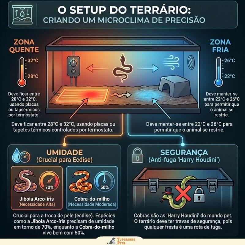 Infográfico mostrando a divisão de um terrário ideal: zona quente, zona fria, esconderijos e tigela de água.