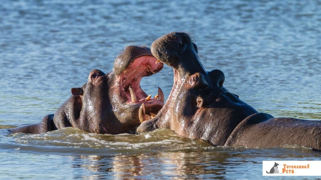 Dois hipopótamos brigando no rio