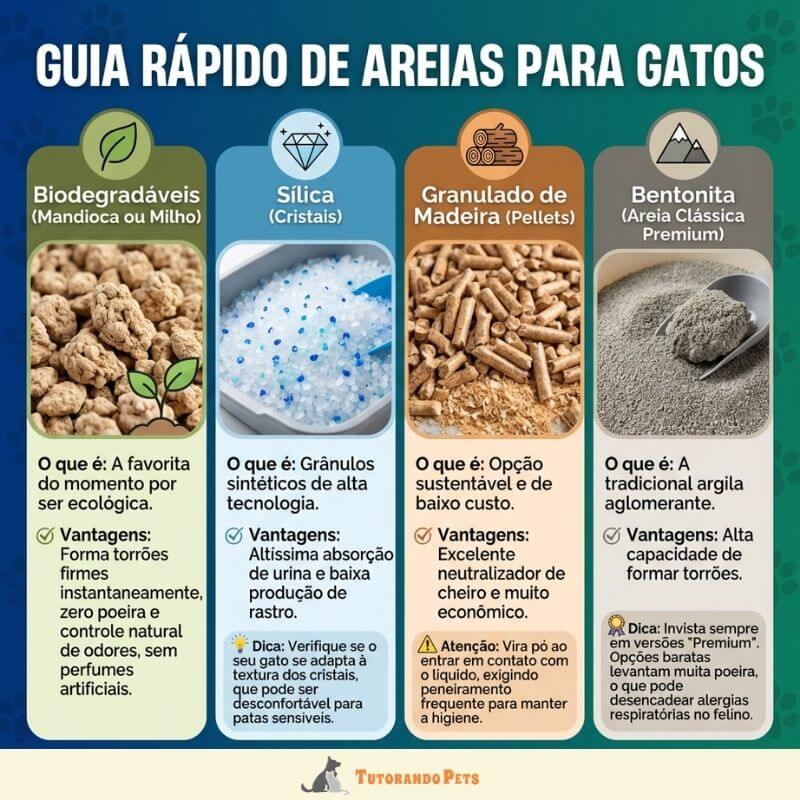 Infográfico intitulado "Guia Rápido de Areias para Gatos". Comparativo em quatro colunas coloridas detalhando os tipos: Biodegradáveis (Mandioca ou Milho), Sílica (Cristais), Granulado de Madeira (Pellets) e Bentonita (Areia Clássica Premium), com fotos de cada substrato e dicas de uso.