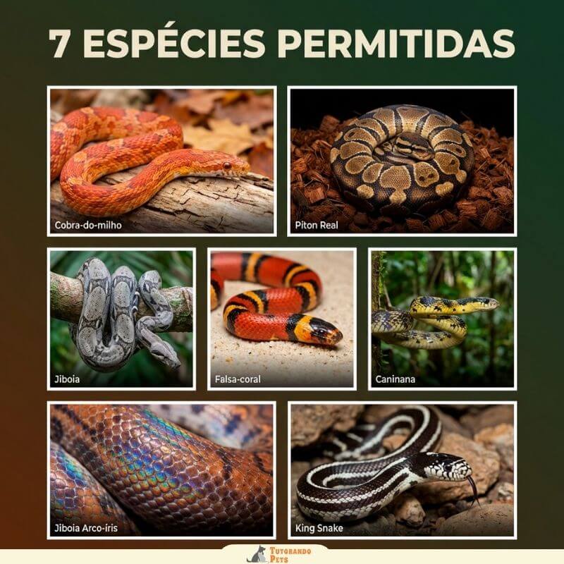 Infográfico intitulado "7 Espécies Permitidas" apresentando uma grade com sete fotografias de diferentes serpentes: Cobra-do-milho (laranja), Píton Real (enrolada), Jiboia (cinza sobre galho), Falsa-coral (anéis vermelhos e pretos), Caninana (amarela e preta), Jiboia Arco-íris (detalhe de escamas iridescentes) e King Snake (preta com listras brancas). No rodapé, encontra-se o logotipo "Tutorando Pets" com a silhueta de um cão e um gato.