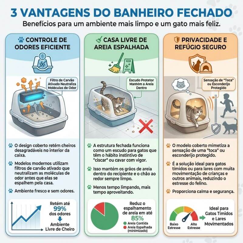 Infográfico educativo "3 Vantagens do Banheiro Fechado". Apresenta três seções: Controle de odores eficiente (azul), Casa livre de areia espalhada (verde) e Privacidade e refúgio seguro (bege), com ilustrações em 3D, ícones informativos e gráficos de eficiência.