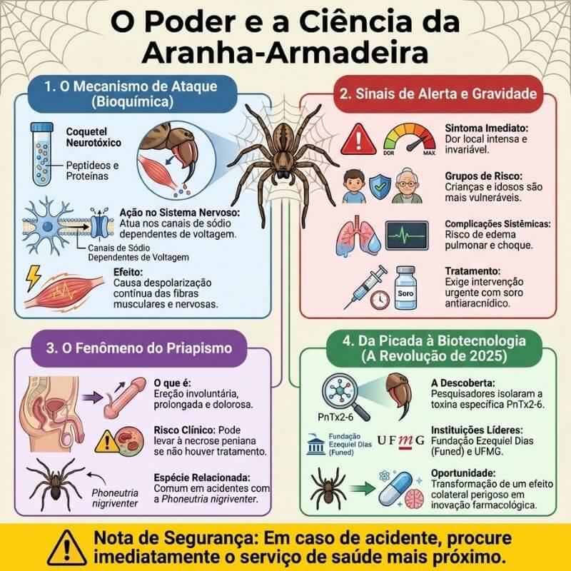 Infográfico intitulado 'O Poder e a Ciência da Aranha-Armadeira'. O design é organizado em quatro seções coloridas com ícones ilustrativos e textos explicativos.