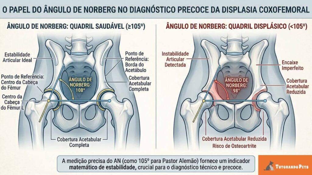 Infográfico educativo sobre a displasia coxofemoral em cães. À esquerda, uma ilustração de um "Quadril Saudável" com o Ângulo de Norberg em 108°, mostrando o encaixe perfeito do fêmur. À direita, um "Quadril Displásico" com ângulo de 98°, evidenciando o encaixe imperfeito e instabilidade. O texto explicativo na base destaca que 105° é a referência para um Pastor Alemão saudável. Logotipo "Tutorando Pets" no canto inferior direito.