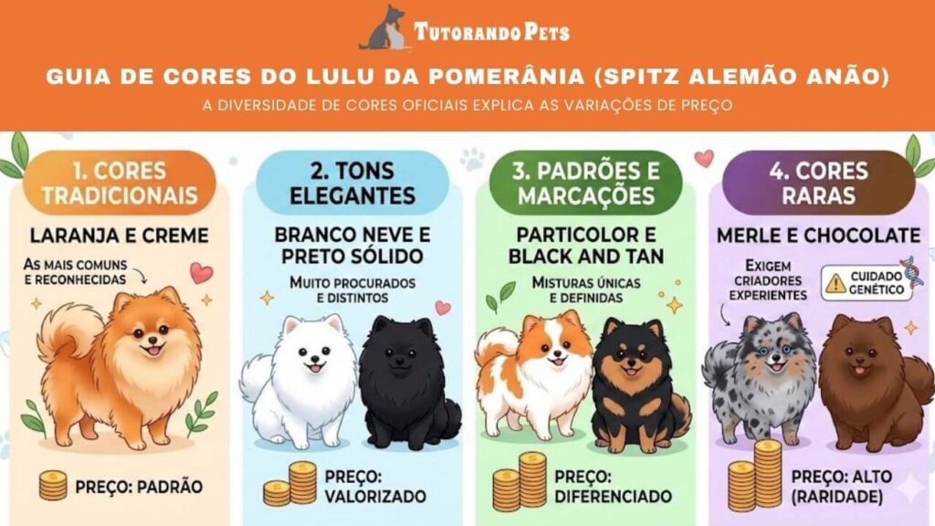 Um infográfico colorido intitulado "GUIA DE CORES DO LULU DA POMERÂNIA (SPITZ ALEMÃO ANÃO)". O infográfico é dividido em quatro colunas numeradas, cada uma com ilustrações de cães e informações sobre cores e preços:CORES TRADICIONAIS: LARANJA E CREME, com as ilustrações de dois cães de cores tradicionais e uma pilha de moedas labeled "PREÇO: PADRÃO". TONS ELEGANTES: BRANCO NEVE E PRETO SÓLIDO, com as ilustrações de dois cães de tons elegantes e uma pilha de moedas labeled "PREÇO: VALORIZADO". PADRÕES E MARCAÇÕES: PARTICOLOR E BLACK AND TAN, com as ilustrações de dois cães de padrões e marcações e uma pilha de moedas labeled "PREÇO: DIFERENCIADO". CORES RARAS: MERLE E CHOCOLATE, com as ilustrações de dois cães de cores raras, uma pilha de moedas labeled "PREÇO: ALTO (RARIDADE)", e um aviso labeled "EXIGEM CRIADORES EXPERIENTES CUIDADO GENÉTICO". O logotipo "Tutorando Pets" está no topo, acima do título.