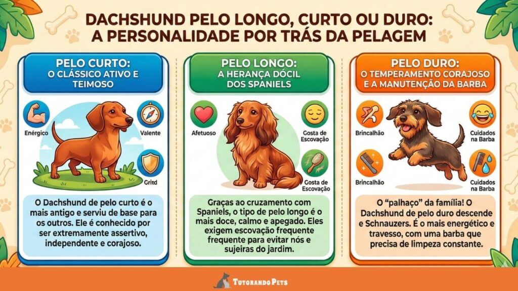 Um infográfico colorido intitulado em português "DACHSHUND PELO LONGO, CURTO OU DURO: A PERSONALIDADE POR TRÁS DA PELAGEM". O fundo é creme com padrões de ossos e patas e bordas com folhas decorativas. O infográfico é dividido em três colunas verticais com bordas coloridas.A primeira coluna (azul), intitulada "PELO CURTO: O CLÁSSICO ATIVO E TEIMOSO", apresenta uma ilustração de um Dachshund ruivo de pelo curto e ícones como um braço musculoso ("Enérgico") e uma bússola ("Valente"). O texto descreve-o como o tipo mais antigo, assertivo, independente e corajoso. A segunda coluna (verde), intitulada "PELO LONGO: A HERANÇA DÓCIL DOS SPANIELS", mostra uma ilustração de um Dachshund ruivo de pelo longo e ondulado e ícones de um coração ("Afetuoso") e um rosto sorridente ("Gosta de Escovação"). O texto explica que é o tipo mais doce, calmo e apegado devido ao cruzamento com Spaniels, e requer escovação frequente. A terceira coluna (laranja), intitulada "PELO DURO: O TEMPERAMENTO CORAJOSO E A MANUTENÇÃO DA BARBA", exibe uma ilustração de um Dachshund de pelo duro com barba e sobrancelhas e ícones de um osso com pernas ("Brincalhão") e um emoji rindo ("Cuidados na Barba"). O texto o descreve como o "palhaço" da família, descendente de Terriers e Schnauzers, o mais energético e travesso, com uma barba que precisa de limpeza constante. No rodapé, há um logotipo com a silhueta de um cão e o texto "Tutorando Pets" e "Conheça seu melhor amigo!".