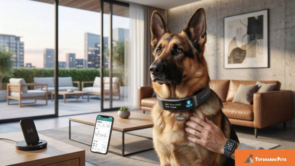 Uma fotografia promocional e informativa de um Pastor Alemão sentado em um apartamento de luxo moderno. O cão, com pelagem preta e canela e expressão alerta, está olhando para a direita e usa uma coleira biométrica inteligente com um pequeno display iluminado que mostra as métricas "HRV: 78 ms (Good)" e "RHR: 72 bpm". Uma mão com um smartwatch azul repousa sobre o ombro do cão, enquanto, no lado esquerdo, um smartphone sobre uma base de carregamento sem fio exibe gráficos de saúde correspondentes para "Ranger". O fundo apresenta uma sala de estar elegante e uma varanda com vista para a cidade. No canto inferior direito, há uma marca d'água laranja com o logotipo "Tutorando Pets".