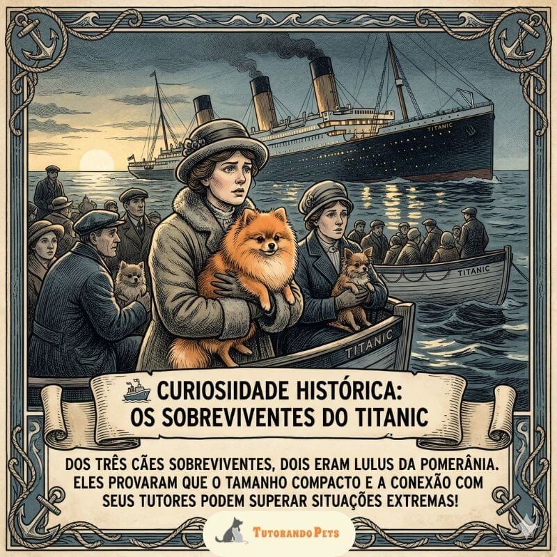 Uma ilustração de estilo vintage, com bordas ornamentadas contendo âncoras e cordas, retrata passageiros em botes salva-vidas enquanto o navio Titanic afunda ao fundo durante o pôr do sol. No bote central, duas mulheres seguram protetoramente cães da raça Lulu da Pomerânia. Abaixo da cena, banners trazem o texto: "CURIOSIDADE HISTÓRICA: OS SOBREVIVENTES DO TITANIC" e "DOS TRÊS CÃES SOBREVIVENTES, DOIS ERAM LULUS DA POMERÂNIA. ELES PROVARAM QUE O TAMANHO COMPACTO E A CONEXÃO COM SEUS TUTORES PODEM SUPERAR SITUAÇÕES EXTREMAS!". O logotipo "Tutorando Pets" está na parte inferior.